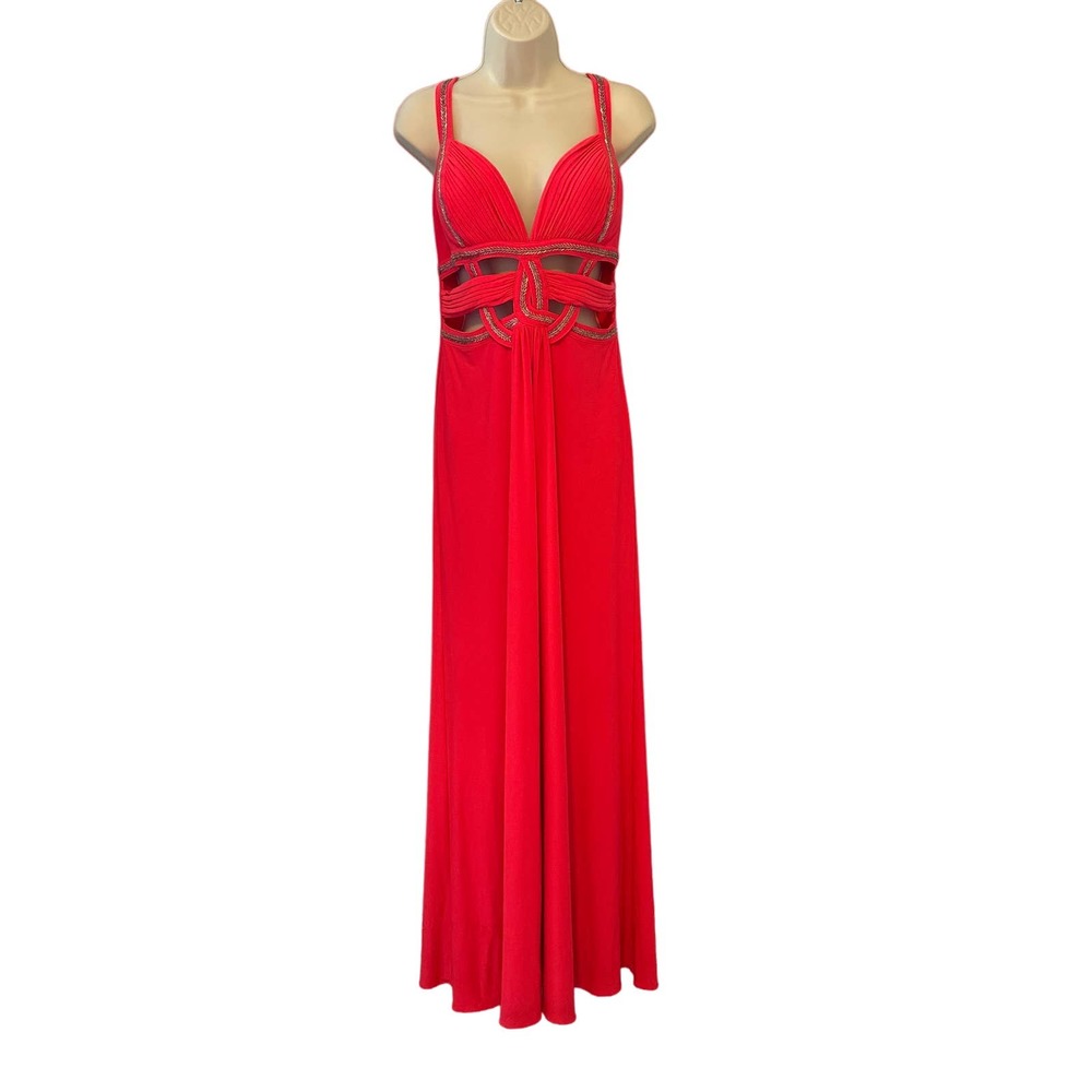 Betsy &‎ Adam Coral Evening Gown Silver Embellishments Cutouts Size 10
